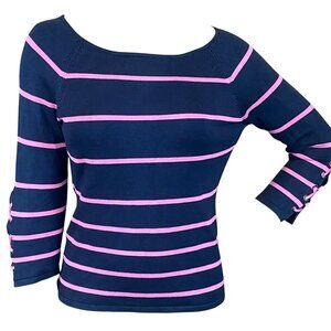 Carlisle Silk Blend Boat-Neck Striped Knit Top Sz L Navy Pink #288M